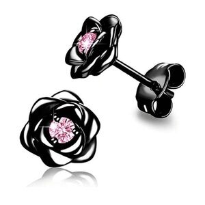 Black Rose Stud Earrings with Pink Center